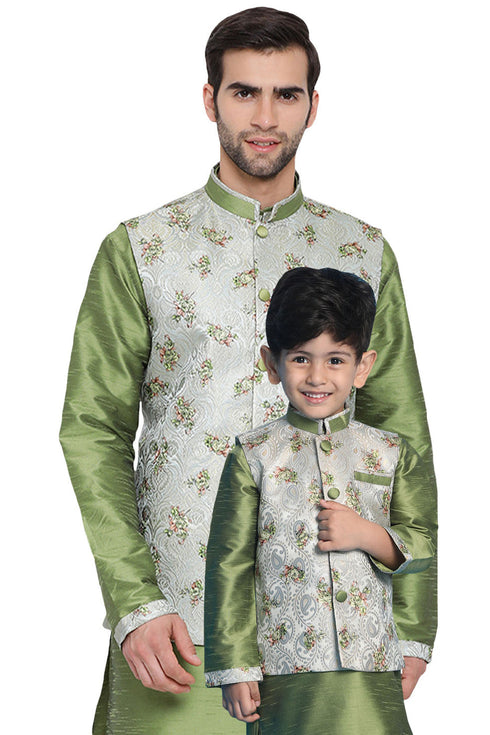 VASTRAMAY Baap Beta Silk Blend Green Jacket